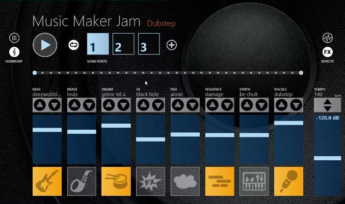Music Maker JAM ソフトウェアの操作インターフェース