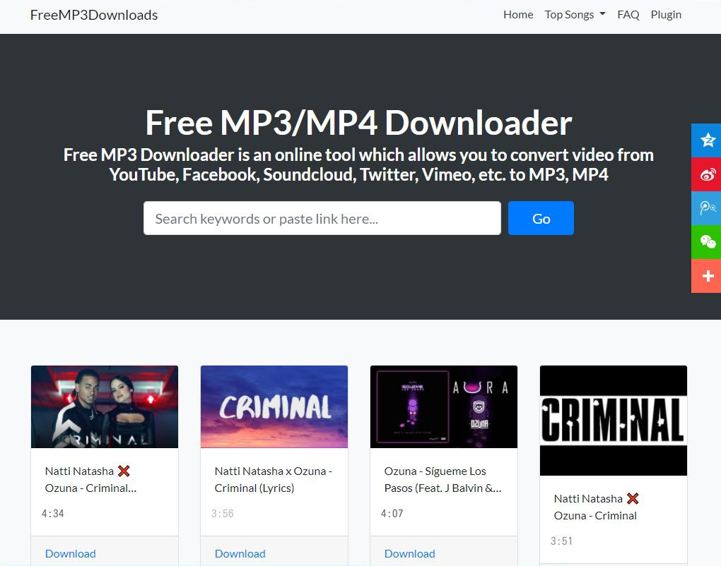 FreeMP3Downloads Web サイトのインターフェース