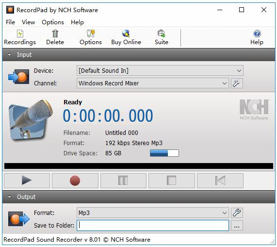 RecordPad録音ソフトウェアの操作インターフェース