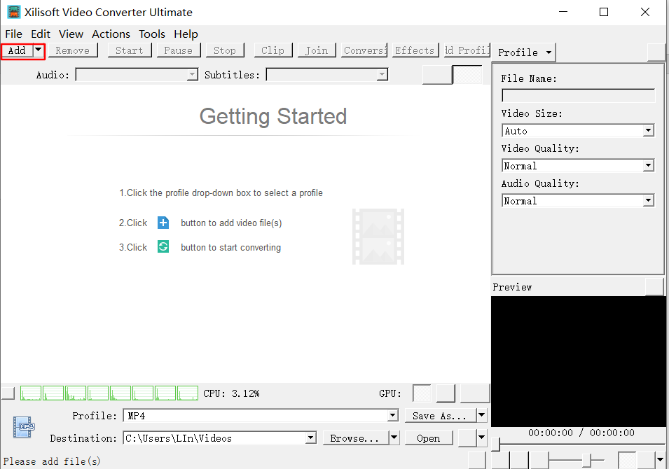  Xilisoft Video Converter Ultimatに動画を追加