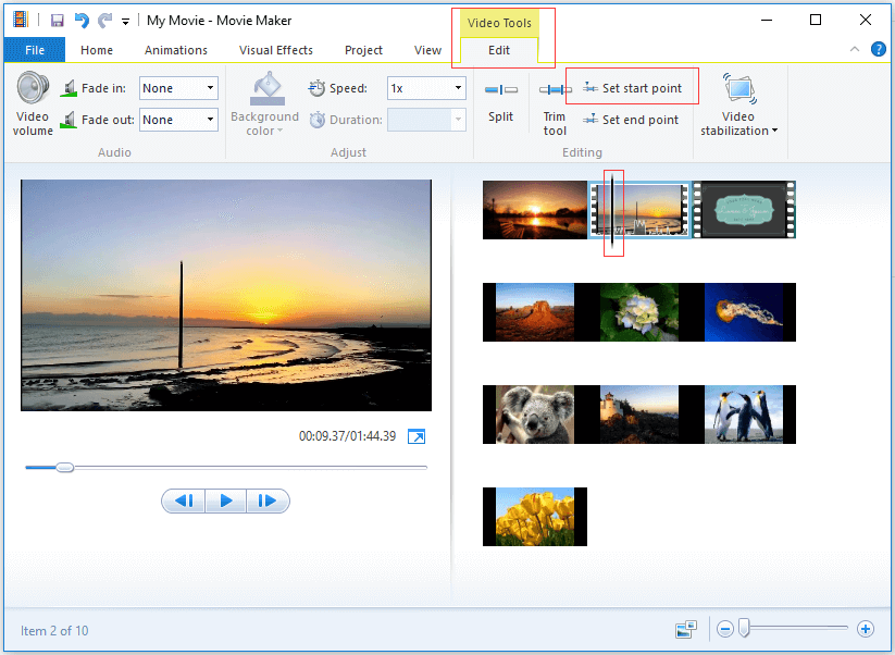Windows Movie Makerで動画の開始点・終点を設定