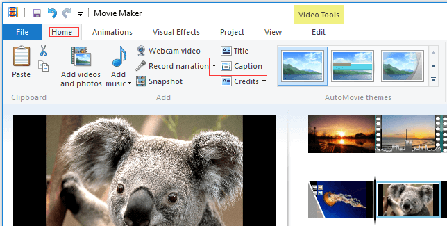 Windows Movie Makerで Captionを追加する